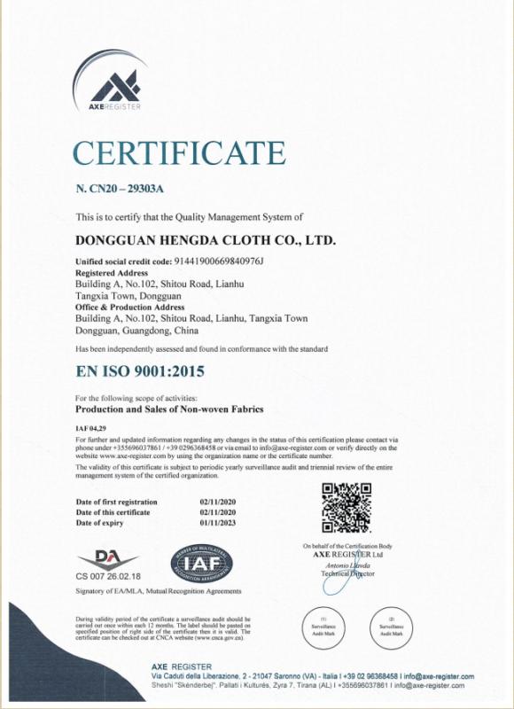 EN ISO 9001:2015 - Dong Guan Hendar Cloth Co., Ltd