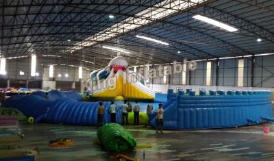China Terno inflável gigante do parque da água com os brinquedos da corrediça e do flutuador de água do tubarão branco à venda