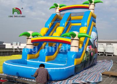 China 8*4m Rainbow Palm Tree Kids Water Slide With Cartoon Printing For Rent / Inflatable Wet Slide for sale