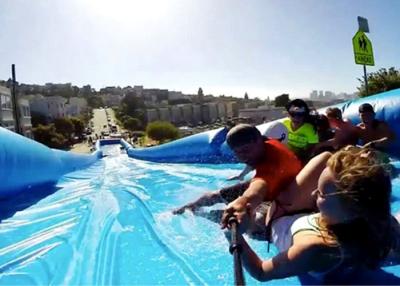 China Customized 300m Inflatable Water Slide , Natural Ramp Blue Summer Water Game for sale