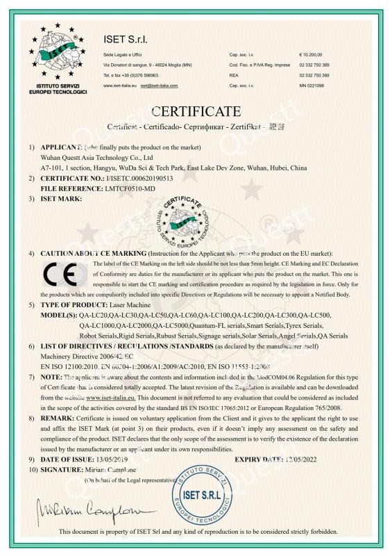 CE CERTIFICATE - Wuhan Questt ASIA Technology Co., Ltd.
