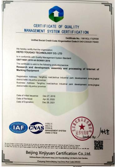 CERTIFICATE OF QUALITY MANAGEMENT SYSTEM CERTIFICATION - Hefei Yougao Technology Co., Ltd.