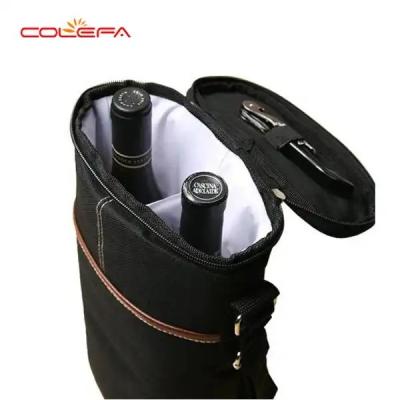 China Custom Black Carry 2 Bottle Packing Polyester Thermal Collapsible Wine Bottle Carrier Cooler Bag With Dividers for sale