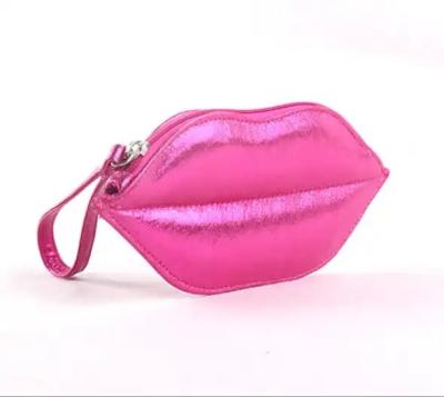China Custom Logo Hard PU Leather Lip Shaped Makeup Pouch Purple Pink Cosmetic Lip Bag for sale