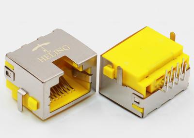 China Right Angle 8P8C RJ45 Female PCB Connector Tab Up Yellow Housing Sinking for sale