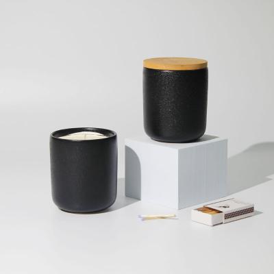 China Empty Candle Ceramic Container Plain Black Ceramic Candle Jars With Wood Lid For Making Candles for sale
