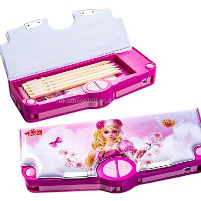 China Pop Function Princess Double Sides Plastic Multi Pencil Case with Pencil Sharpener, Mirror Warehouse, 5 Pencil Holder for Primary School for sale