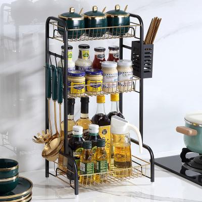 China 365x220x600mm Countertop Kitchen Rack 3 Tiers Black Gold Multifunctional For Spice for sale