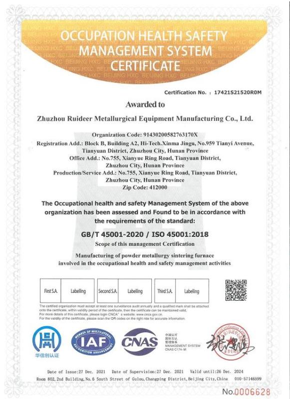 ISO45001: 2018 - Zhuzhou Ruideer Metallurgy Equipment Manufacturing Co.,Ltd