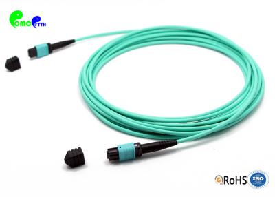 China OM3 12F MPO Trunk Cable Senko MPO female to MPO female 50 / 125um 3.0mm 5m LSZH Aque Low Insertion Loss for sale