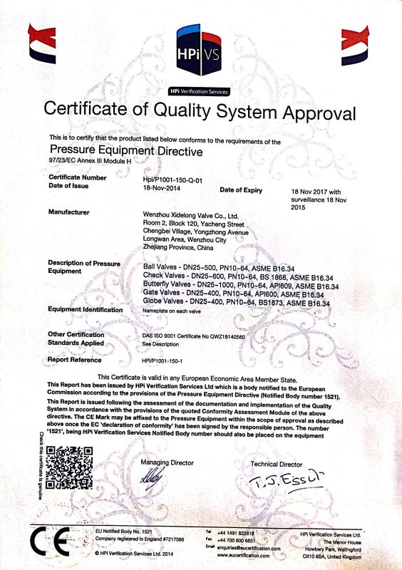 CE Certification - Wenzhou Xidelong Valve Co. LTD