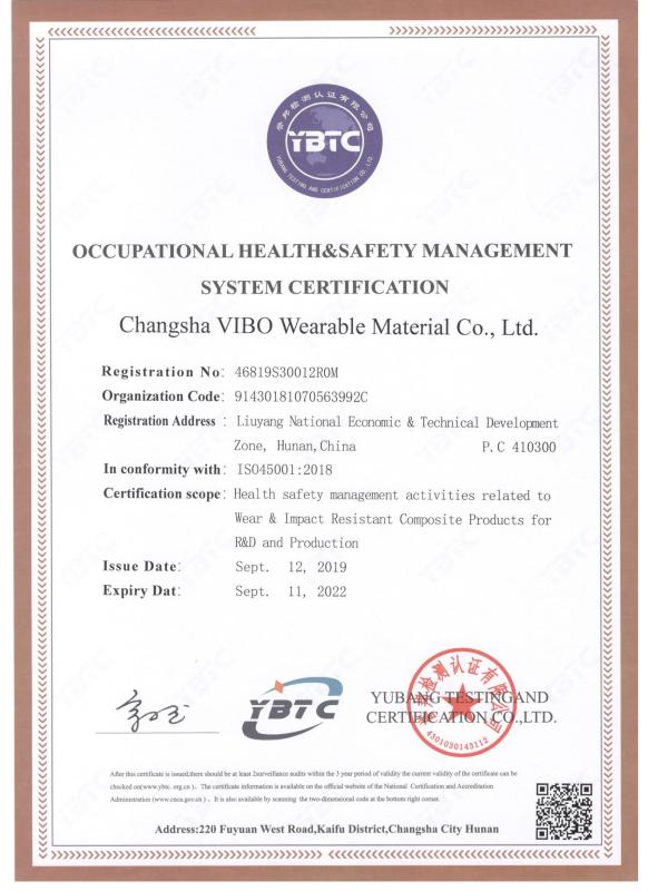 ISO45001：2018 - Changsha Vibo Wearable Material Co., Ltd.