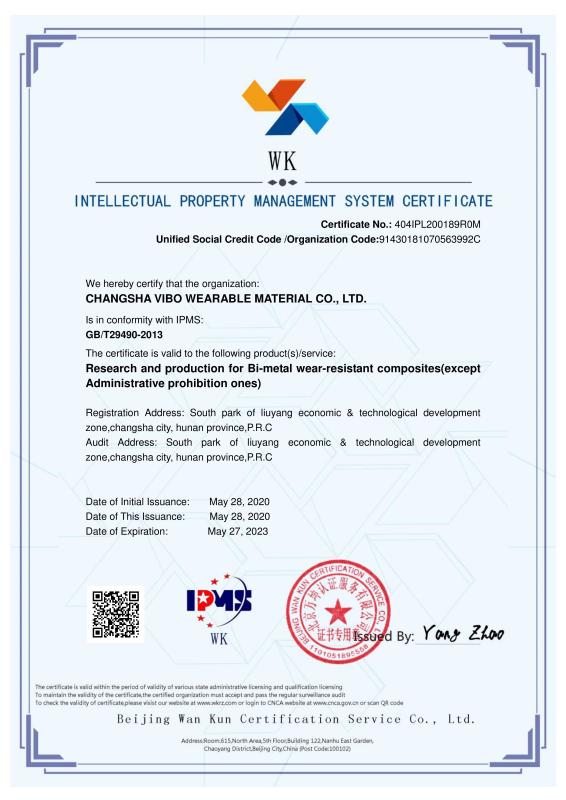 INTELLECTURAL PROPERTY MANAGEMENT SYSTEM CERTIFICATES - Changsha Vibo Wearable Material Co., Ltd.