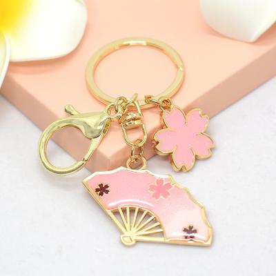 China Key Chain Ring Cherry Blossom Fan Exquisite Key Souvenir Flower Fan Trolley Key Japanese Style for sale
