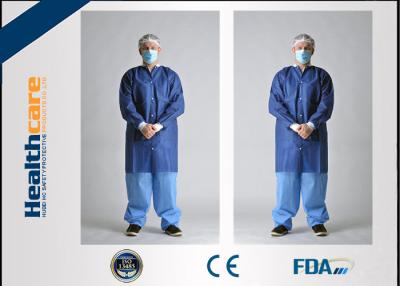 China SMS Disposable Lab Coats Dark Blue With Knitted Collar And Knitted Cuff Anti - Static for sale