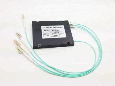 China Aqua Color Fiber Optic Splitter / Coupler 1*3 FBT LC UPC OM3 MM ABS Box for sale