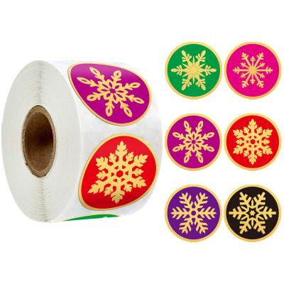 China Snowflake Christmas Waterproof Stickers Seals Large Round Labels Gold Foil Stamping Cards Gift Wraps Merry Christmas Holiday Stickers for sale