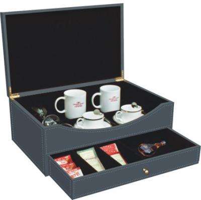 China PU Hotel Leather Products Tea Set Coffee Mug Packet Tray With Drawer And Lid for sale