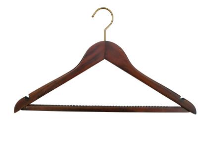 China Antique Design Walnut Wood Hotel Room Hangers With Brass Hook for sale
