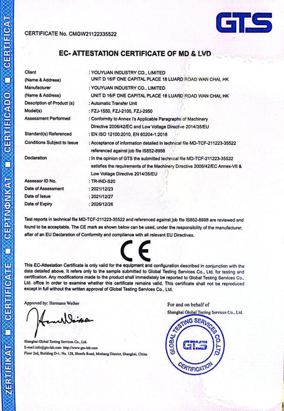 EN ISO 12100:2010, EN60204-1:2018 - YouYuan Industry Co.,Limited
