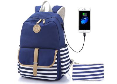 China Canvas Stripe Kids School Backpack Built In USB Charger Customized Logo for sale