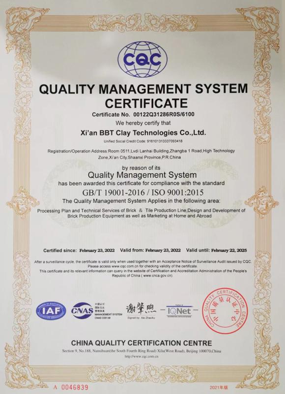 qUALITY MANAGEMENT SYSTEM CERTIFICATE - Xi'an BBT Clay Technologies Co., Ltd.