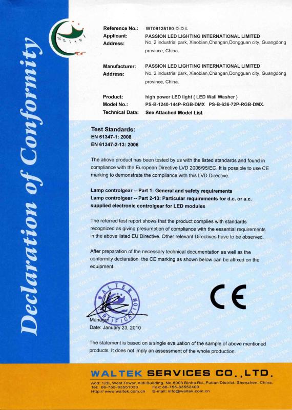 CE Certificate - PASSION LED LIGHTING INTERNATIONAL LIMITED