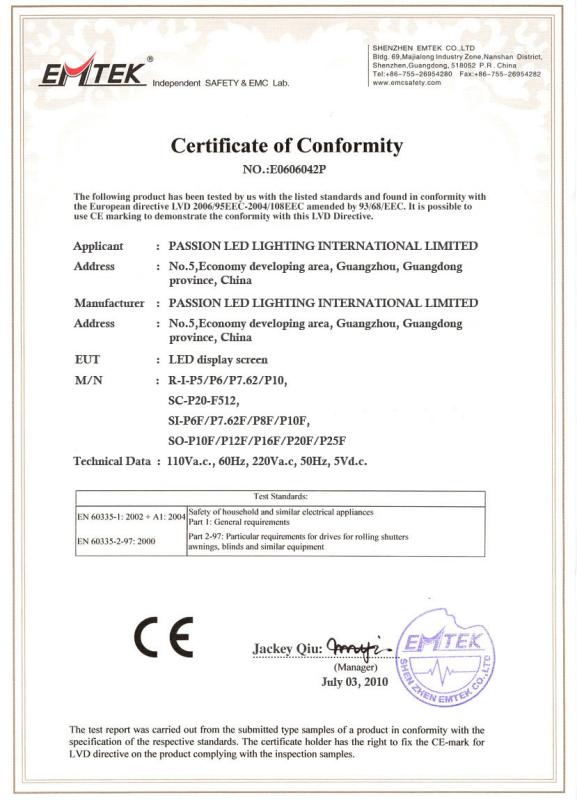 CE certificate - PASSION LED LIGHTING INTERNATIONAL LIMITED