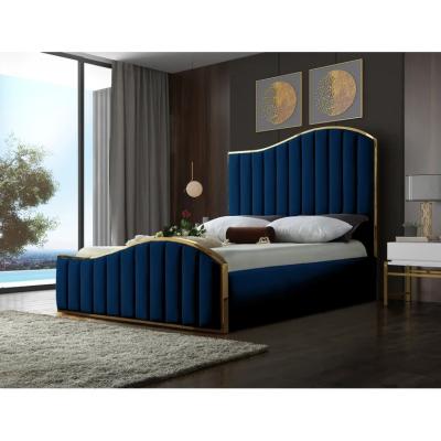 China Cara bed Twin King Queen Size Modern gold metal frame navy blue Velvet Headboard Upholstered Bed for Hotel for sale