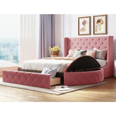 China Customized beds luxury velvet beds queen size king size pink color modern functional beds for bedroom for hotel for sale
