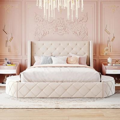 China modern beds low price luxury velvet beige color soft beds for bedroom and hotel and apartments for sale
