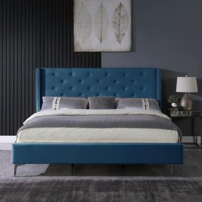 China Modern button tufts nail design Blue color Minimalist and luxurious luxury bed King size for Bedroom Hotel and Apartment en venta