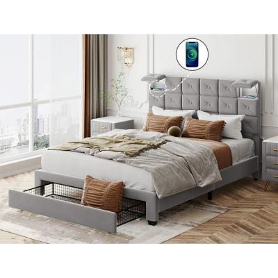 China Latest New Design LED Function good quality Luxury Velvet Platform Bed with a Big Drawer and storage for Bedroom and Hot for sale