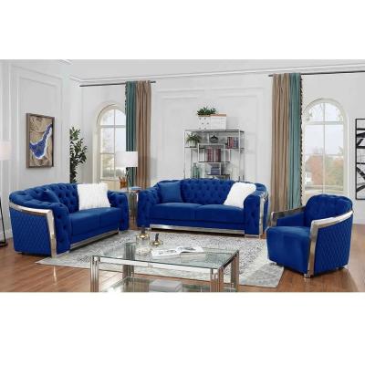 中国 High quality button tufted room furniture sofa set with sliver metal leg 2+3S blue aluminium steel wood luxury sofa set 販売のため