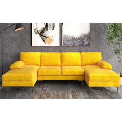 China OEM ODM Galvanized Steel leg Ocean Villa yellow chenille u shape sofa set luxury modern sectional corner couch home for sale