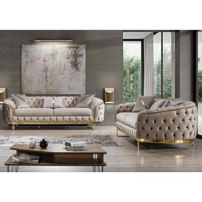 China Luxury Beige Sofa Set Furniture Velvet 1 2 3 Seat Gold Stainless Steel Living Room Sofas for sale
