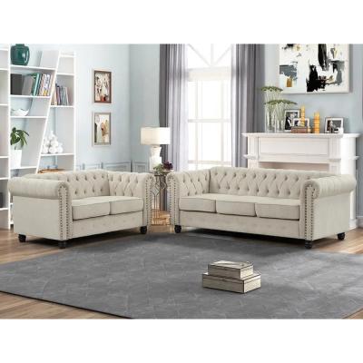 China Chesterfield arm 3+2+1 seater sofa set with button tufted design light Grey Color Linen fabric Sofa for living room Te koop