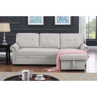 China OEM/ODM Furniture Manufacturer Living room sofa bed Linen fabric rivets Upholstered Reversible L shape Sofa Bed for sale