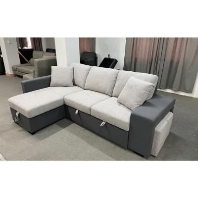 Chine OEM/ODM Furniture Contrast colors linen fabric loveseat with pull-out bed and storage chaise with stools sofa bed sets à vendre