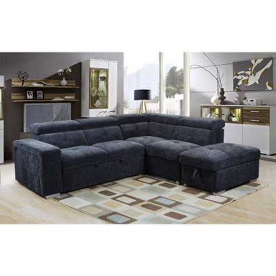 China European new arrival dark blue single futon with storage 2seater+chaise chenille fabric shaped sleeper sofa bed sofa cum à venda