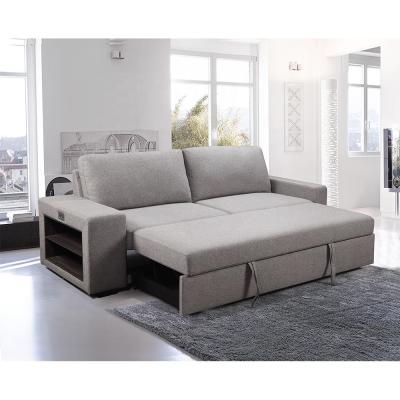 China Furniture Factory new design luxury 3 seater living room sofa linen fabric customized sofa bed with shelf and light Te koop