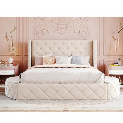 China OEM/ODM Turkey simple sleeping bed beige round velvet furniture wooden frame king size Queen size Double size w/ drawer zu verkaufen