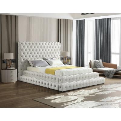 China European Designs Frame Luxurious Latest Space Saving Bedroom Furniture King Size Modern Queen Double Cream velvet Tatami for sale