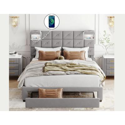 China Luxury America Queen Size high quality wood frame Velvet fabric Platform Bed with a Big Drawer and USB charger for Bedro Te koop