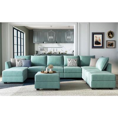 China Top grade large manual assembly green ottoman cheap sofa set home furniture velvet U shaped Sectional couch home sofa for sale