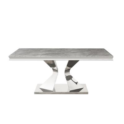中国 T8100 GOITALIAの平板の大理石の積層物の贅沢で白い象眼細工の居間のL字型現代レストランのダイニング テーブルの設計食事 販売のため
