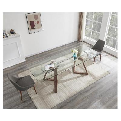 China Tempered Glass Top Luxury Modern Dining Table Set Extendable With Walnut Veneer Legs for sale