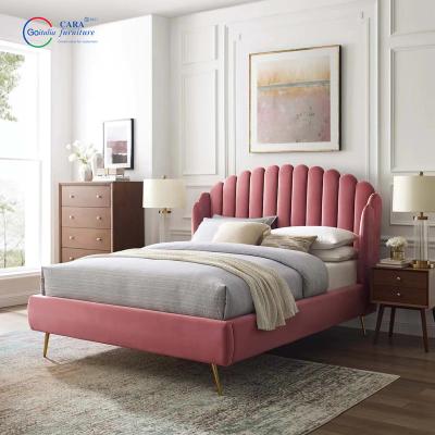 China 12287 Hot Selling Pink Fabric Wood Frame Metal Leg Bed Luxury Queen Size Wholesale Bed Frames for sale