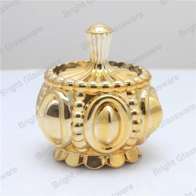 China luxury mini electroplate gold glass candle jar, gold glass container with gold lid for sale