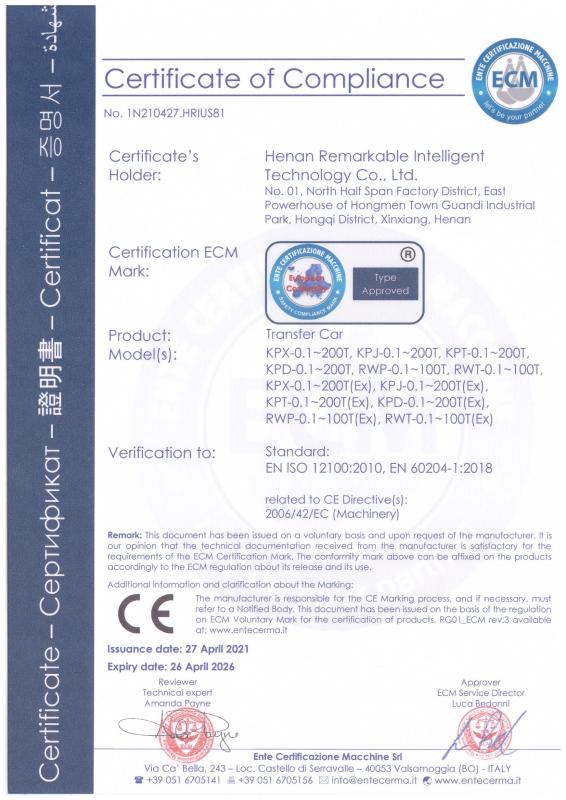 EN ISO 12100:2010,EN 60204-1:2018 - Henan Remarkable Intelligent Technology Co., Ltd.
